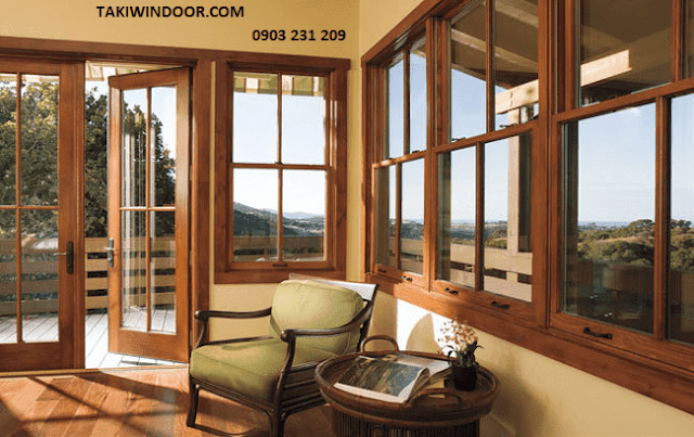 Làm cửa đi, cửa sổ bằng nhôm Việt Pháp màu vân gỗ