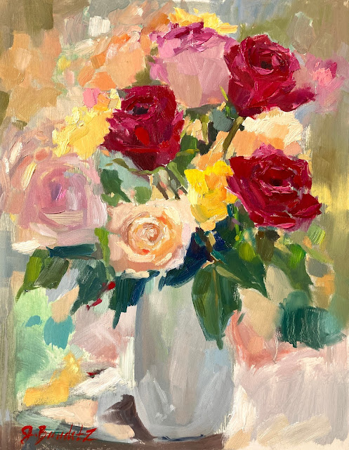 loose impressionist rose oil painting