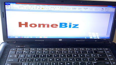 Red and blue HomeBiz sign on computer screen.
