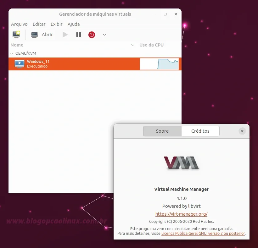virt-manager executando no Ubuntu 23.04 (Lunar Lobster)