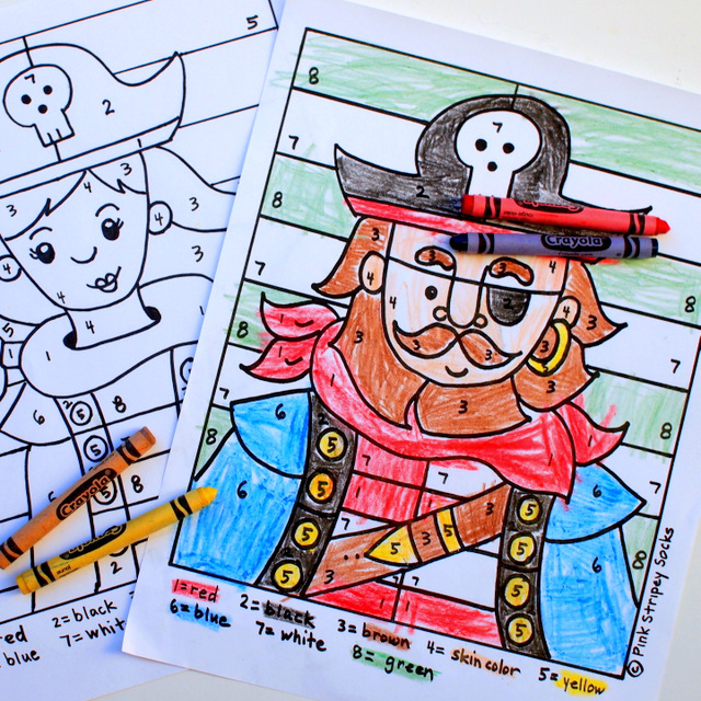 free printable boy and girl pirate color by number sheets