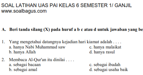 Soal UAS Agama Islam Kelas 6 Semester 1 Oemar Bakri