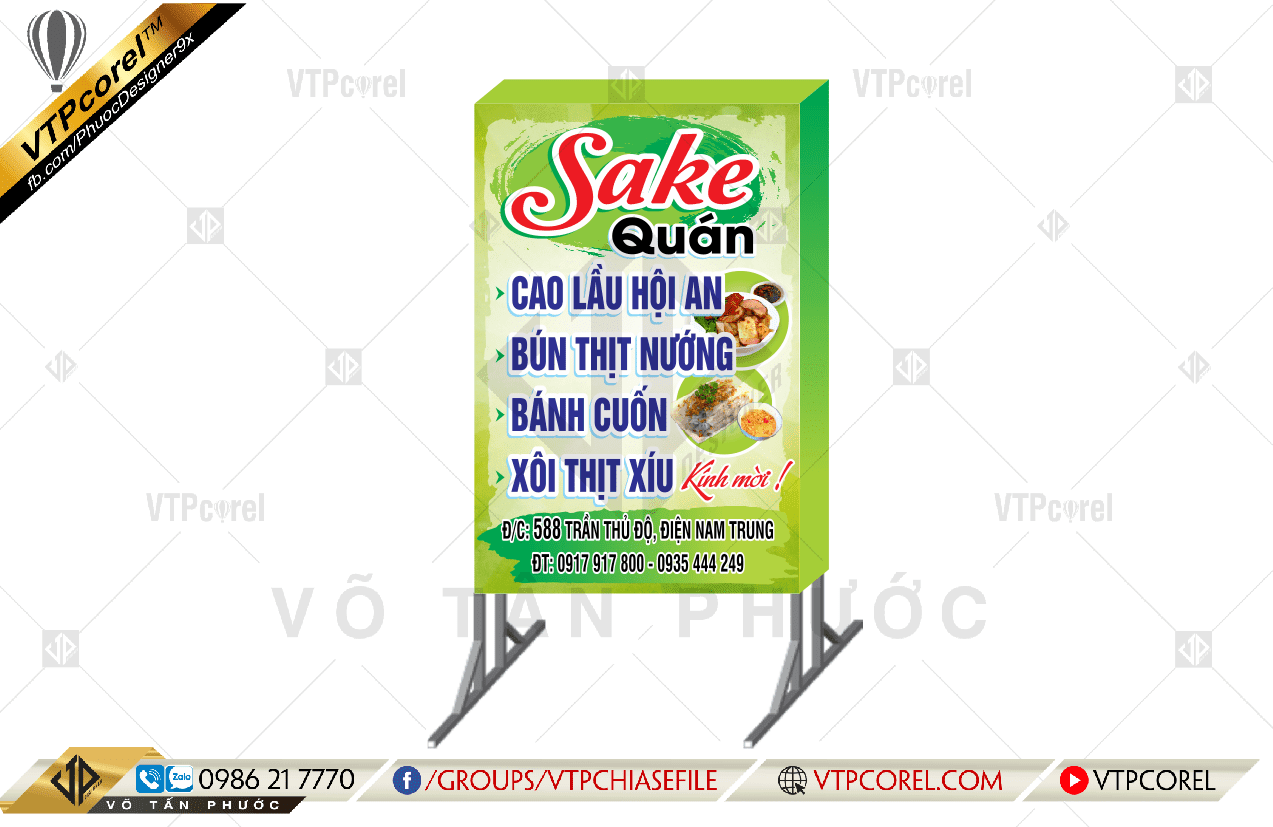 Bảng hiệu Quán Ăn Sake nền xanh lá tươi mát CDR12