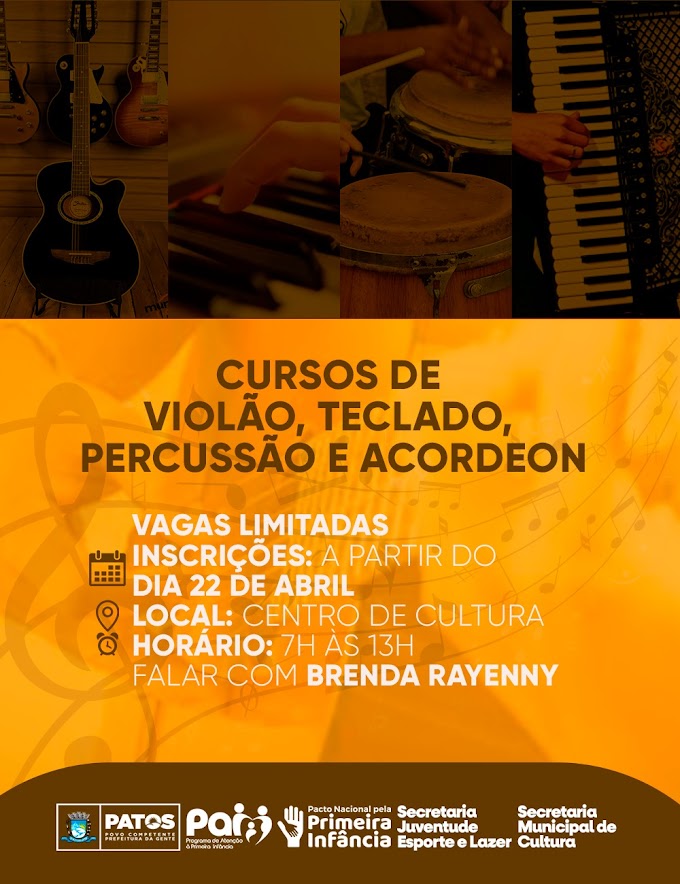  Novas vagas para cursos musicais gratuitos em Patos a partir do dia 22: violão, teclado, percussão e acordeon