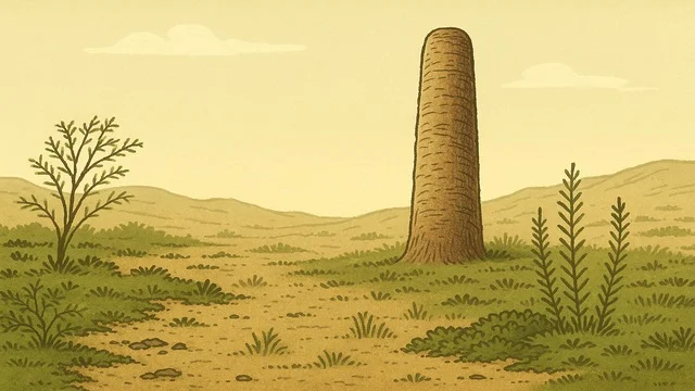 Como Era a Terra na Época do Prototaxites – Ilustração do Período Devoniano Prototaxites gigante em paisagem do Devoniano com vegetação primitiva e céu amarelado.