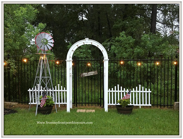 Backyard Landscape-Windmill-Cottage Garden-White picket fence- White Garden Arbor-From My Front Porch To Yours