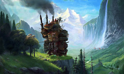 A mashup of Studio Ghibli´s brainchild Howl´s moving castle which was painted over an existing artwork by Albert Bierstadt called Staubbach Falls