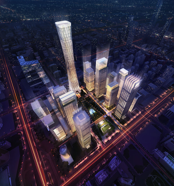 Rendering of China Zun (CITIC Plaza) by TFP Farrells, Beijing, China along with other proposed buildings in the complex