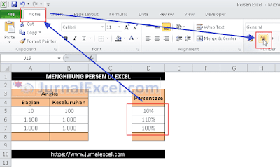 Membuat Persentase di Excel Melalui Menu Number tab Home - JurnalExcel.com