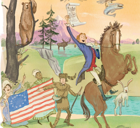 Image from inside of book, showing Thomas Jefferson on a horse, an Indian peeking from behind a tree, and an Black woman (likely enslaved), holding a US flag.