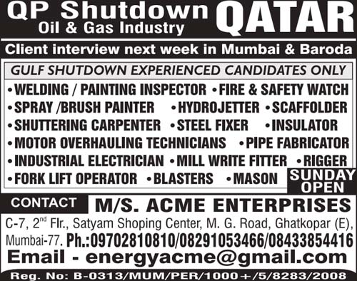 Qatar QP Oil & Gas Shutdown Jobs | Client Interview in Mumbai / Baroda | Acme Enterprises 