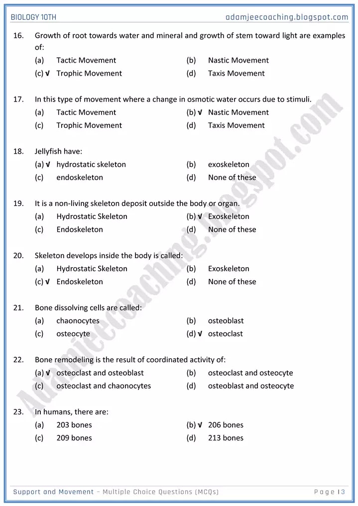 support-and-movement-mcqs-biology-10th