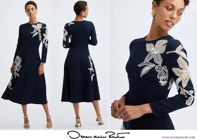 Queen Maxima wore Oscar de la Renta Stretch Wool Long Sleeve Embossed Dress