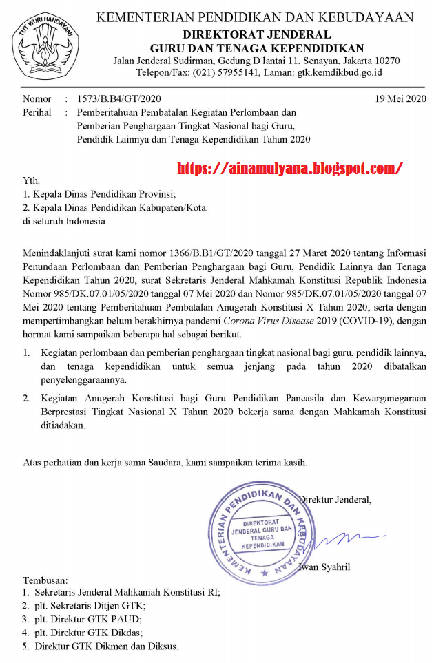  Surat Pembatalan Lomba Guru Berprestasi  (Gupres) Tahun 2020, Anugrah Konstitusi Tahun 2020 dan Lomba Lainnya 