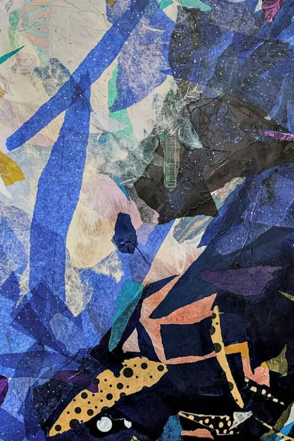 abstract torn paper collage in blue shades and peach and yellow