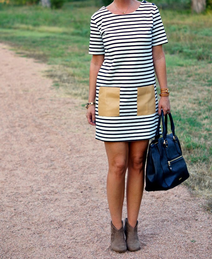 Black and white stripe dress with ankle boots