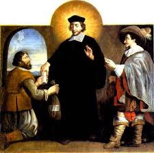 San Ivo con ropaje de clerigo impartiendo justicia entre un noble y un campesino