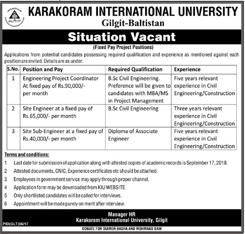 KARAKORAM INTERNATIONAL UNIVERSITY announced Position