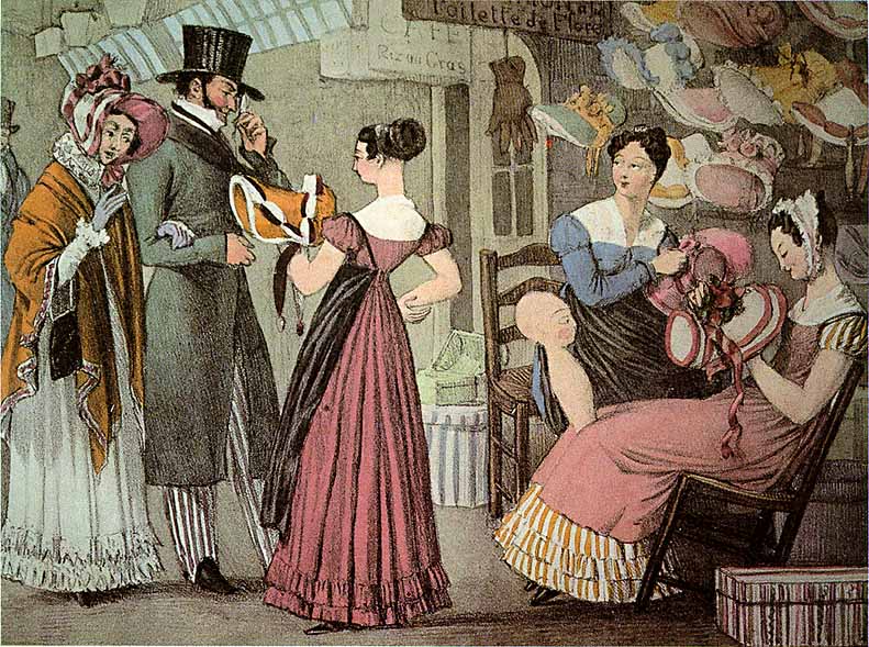  Women shopping at a Milliner's Shop, where hats were made and sold 1822