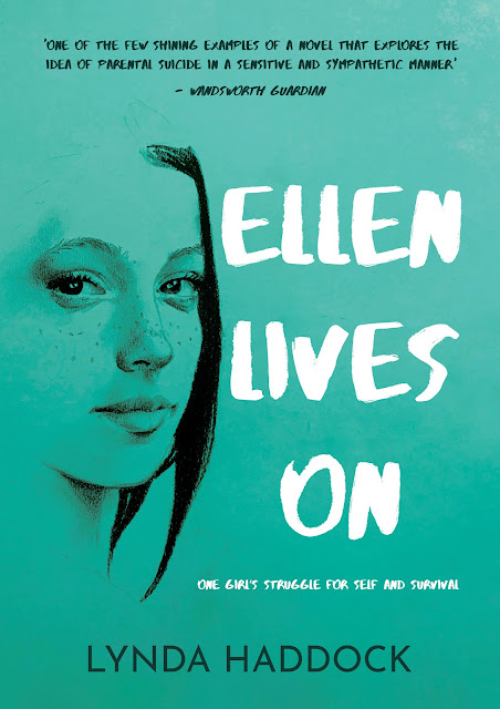 Ellen Lives On by Lynda Haddock Book Cover shows a young woman's face close up, she has a small smile