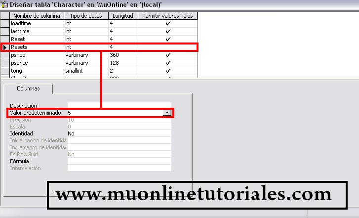 Modificando el valor predeterminado de la columna resets