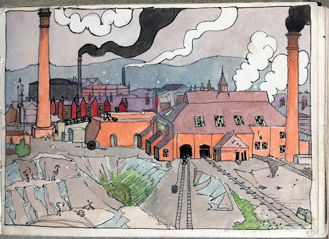 Sketch by Wainwright of large, busy factories and mining activity at Castleford. The chimneys are billowing black and white fumes. The miners in the foreground are small, almost stick figures