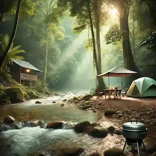 Tapak perkemahan di Sungai Congkak, Hulu Langat dengan khemah tepi sungai, suasana hutan tropika, dan aliran sungai yang jernih.