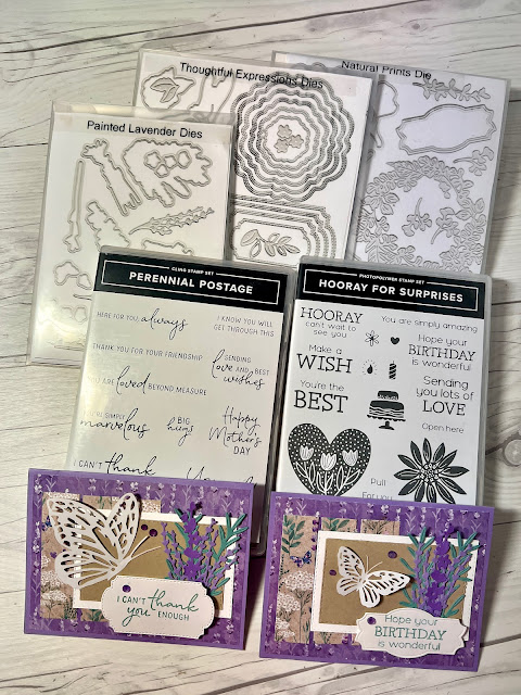 Perennial Lavender Suite Stamp Sets and Dies used to create handmade greeting cards