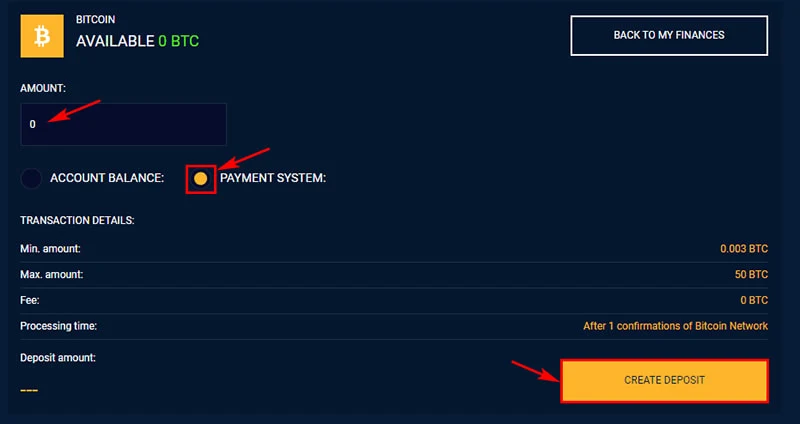 Создание депозита в Bitexa