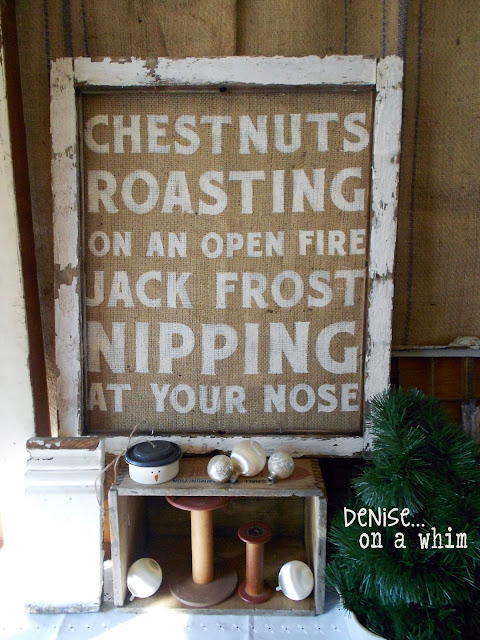 Vintage White and Burlap Sign in a Chippy Old window