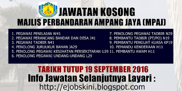 Jawatan Kosong Majlis Perbandaran Ampang Jaya (MPAJ) - 19 September 2016