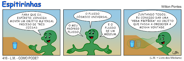 Espitirinha 416 - Como pode? Assunto do Livro dos Médiuns. São três quadrinhos. No primeiro, um espírito está ao lado de uma mesa que tem um copo sobre ela. Ele diz: para que eu, espírito, consiga mover um objeto material preciso de três coisas. No segundo quadrinho ele está de braços abertos dizendo: o fluido cósmico universal, o meu próprio fluido e o fluido de um médium. No terceiro quadrinho ele consegue mover o copo e diz: juntando todos, eu consigo dar uma "vida fictícia" ao objeto que passa a obedecer a minha vontade.