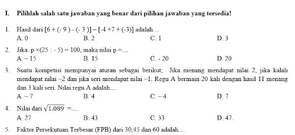 Kumpulan Soal Matematika SMP Kelas 7 Semester 1 