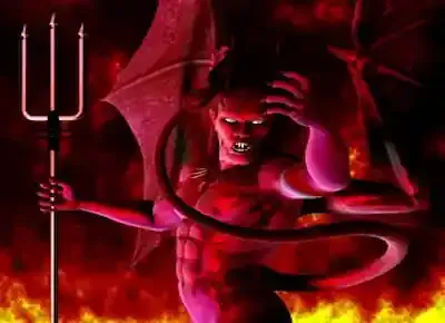 شكل الشيطان الرجيم وهو يحمل شوكته في جهنم