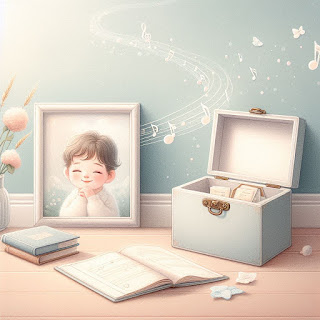 A warm scene with a memory box, music notes floating gently, and a framed baby photo nearby.