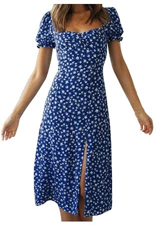 Womens Dresses 2021 Summer - Printed Square Neck Short Sleeve Mid-Length Dress
