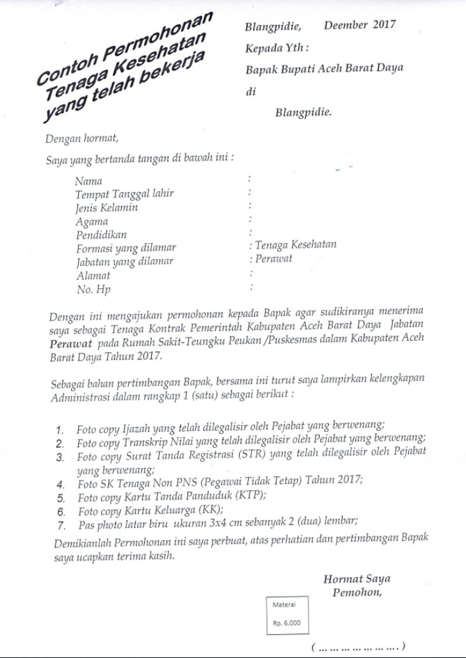 Contoh Surat Lamaran Kerja Non PNS Pemkab Aceh Barat Daya 