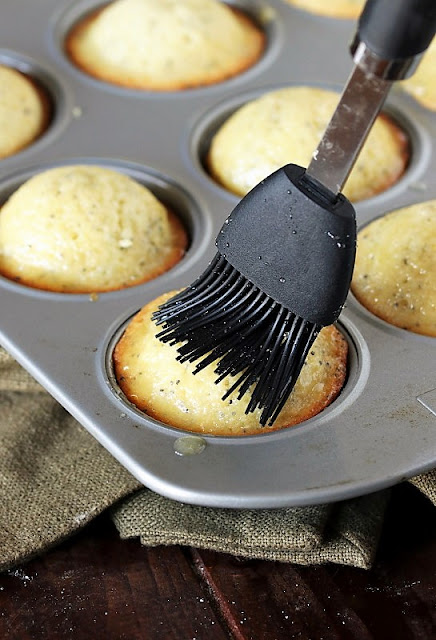 Scrumptious little Glazed Poppy Seed Muffins with Strawberry Butter image ~ a delicious tea room inspired treat.