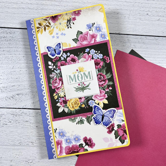 Mom Mother's Day Scrapbook Album with pretty flowers, butterflies, and a scalloped ribbon