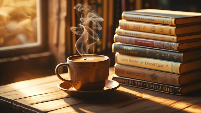 Stack of books next to a steaming cup of coffee on a wooden table