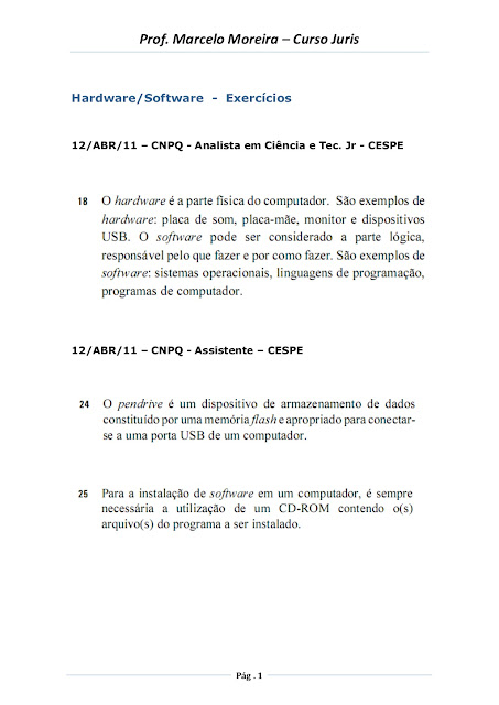 EXERCÍCIOS DE HARDWARE E SOFTWARE COM GABARITO