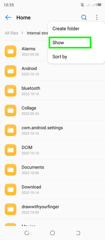 show hidden folder option android internal storage directory