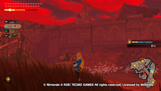 Zelda wearing her blue clothes on the Great Plateau during the Blood Moon with Silver Bokoblins and the castles behind her