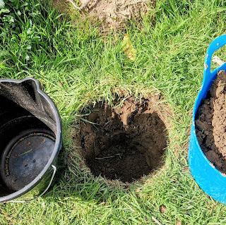 a hole in the lawn, the size of the bucket next to it