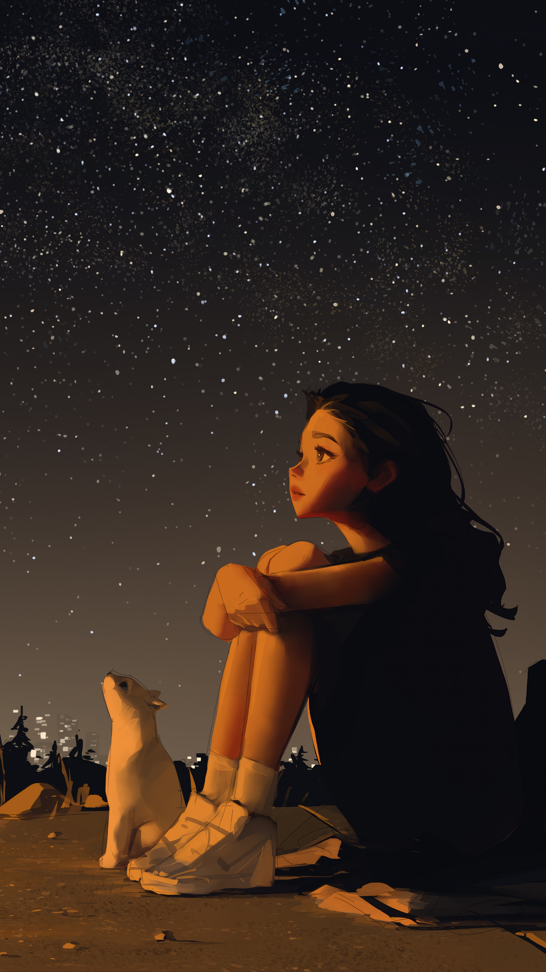 Girl Alone with Cat Night Sky Stars Scenery 4K Android Mobile Phone