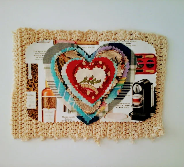 Heart Shape collage: paper, fabric and crochet mat  by miabo enyadike