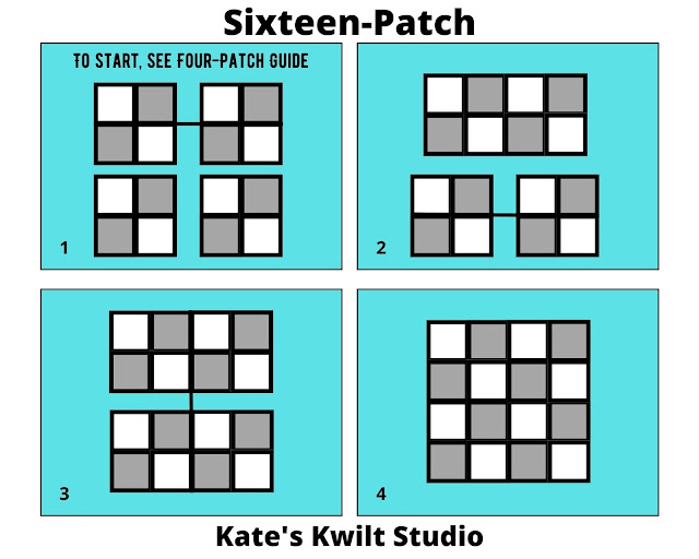 A diagram of white and grey squares signifying how they come together to make a sixteen-patch for quilting.