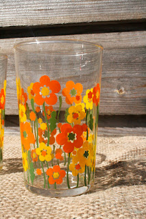 Verres à eau vintage - fleurs orange & jaune - 70's