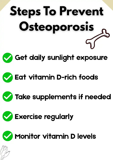 This is an infographic showing the most important methods to prevent osteoporosis. The first method will be getting daily sunlight, and the second method will be eating vitamin D loaded food items, and the third method will be taking the supplements if advised by the doctor, and the fourth method will be doing daily workouts, and the fifth method will be properly monitoring the vitamin D levels at regular intervals.