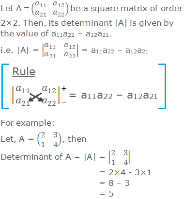 Let A = (■(a_11&a_12@a_21&a_22 )) be a square matrix of order 2×2. Then, its determinant |A| is given by the value of a11a22 – a12a21. i.e. |A| = |■(a_11&a_12@a_21&a_22 )| = a11a22 – a12a21		 For example: Let, A = (■(2&3@1&4)), then Determinant of A = |A| = |■(2&3@1&4)| = 2×4 - 3×1 = 8 – 3 = 5